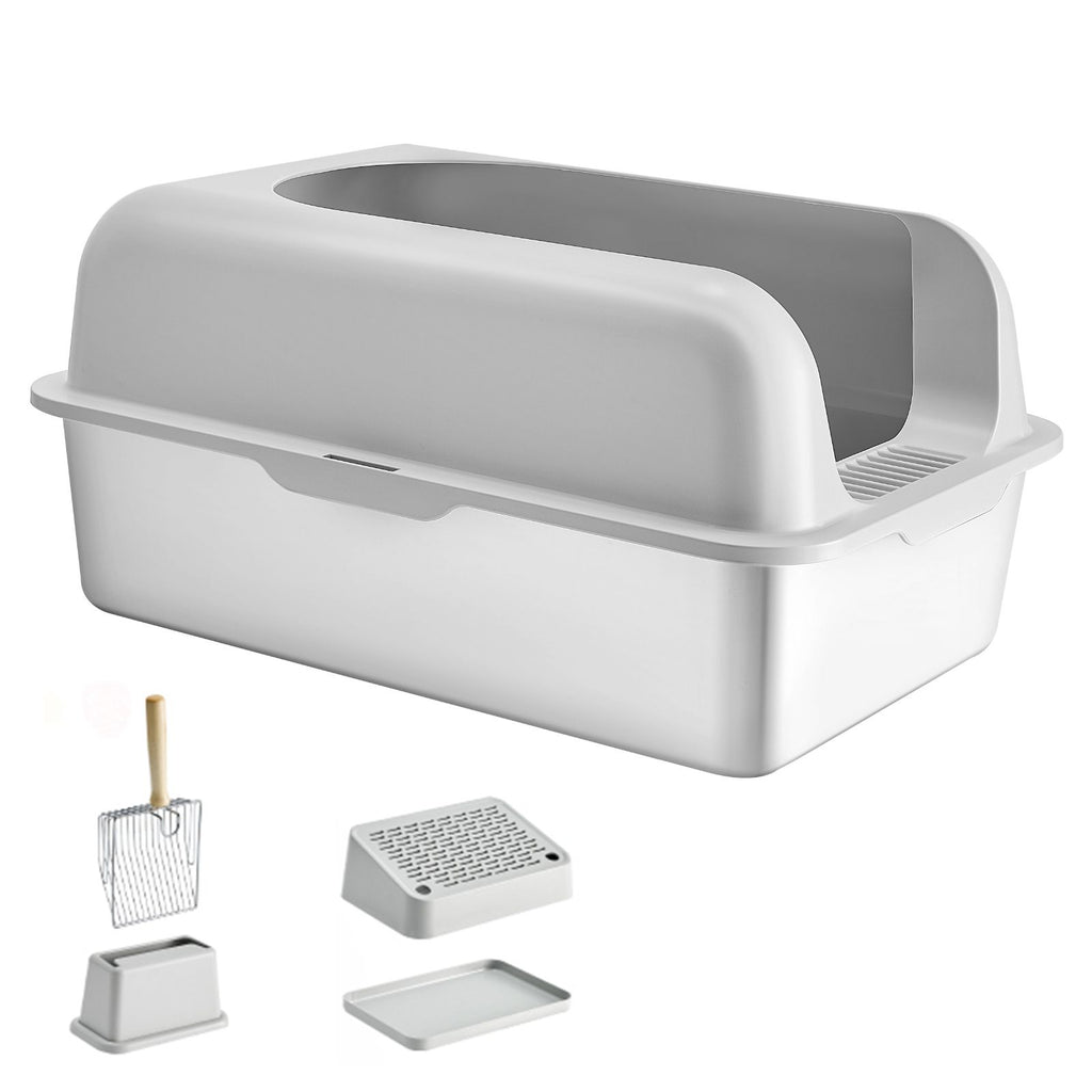 Cat Litter Box, 6 inches Deep, XL Extra Large Stainless Steel Cat Litter Box with Scoop, Wide Filtering Foot Board & High Sides, Enclosed Odor-Free Easy-to-Clean Litter Box, Fit for Big Cats