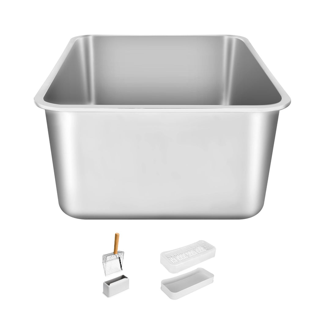 Cat Litter Box, 8 inches Deep, XL Extra Large Stainless Steel Cat Litter Box with Scoop, Wide Filtering Foot Board & High Sides, Enclosed Odor-Free Easy-to-Clean Litter Box, Fit for Big Cats