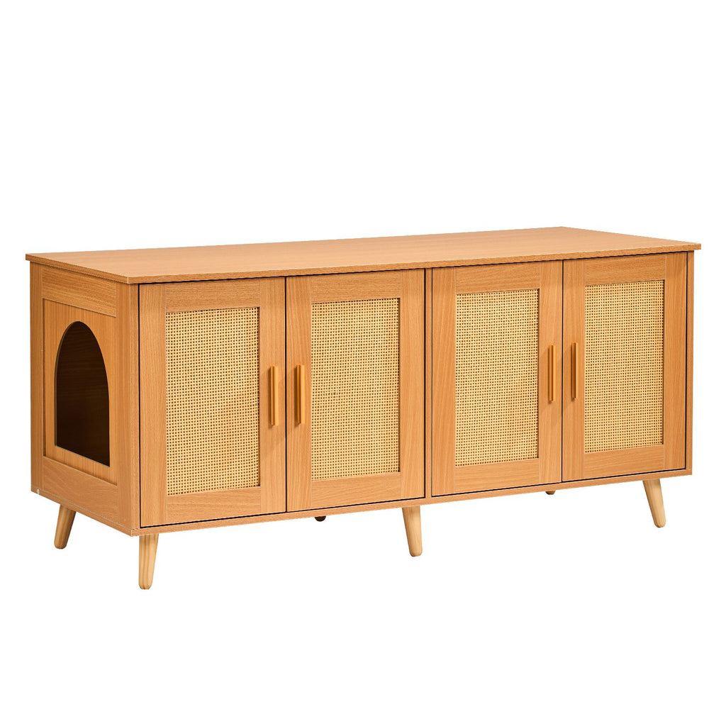 Cat Litter Box Enclosure for 2 Cats, Litter Box Furniture Hidden with Rattan Decorated Doors, Wooden Cat Box Cabinet Fit Most of Litter Box, 47.2"L x 19.7"W x 21.7"H, Natural