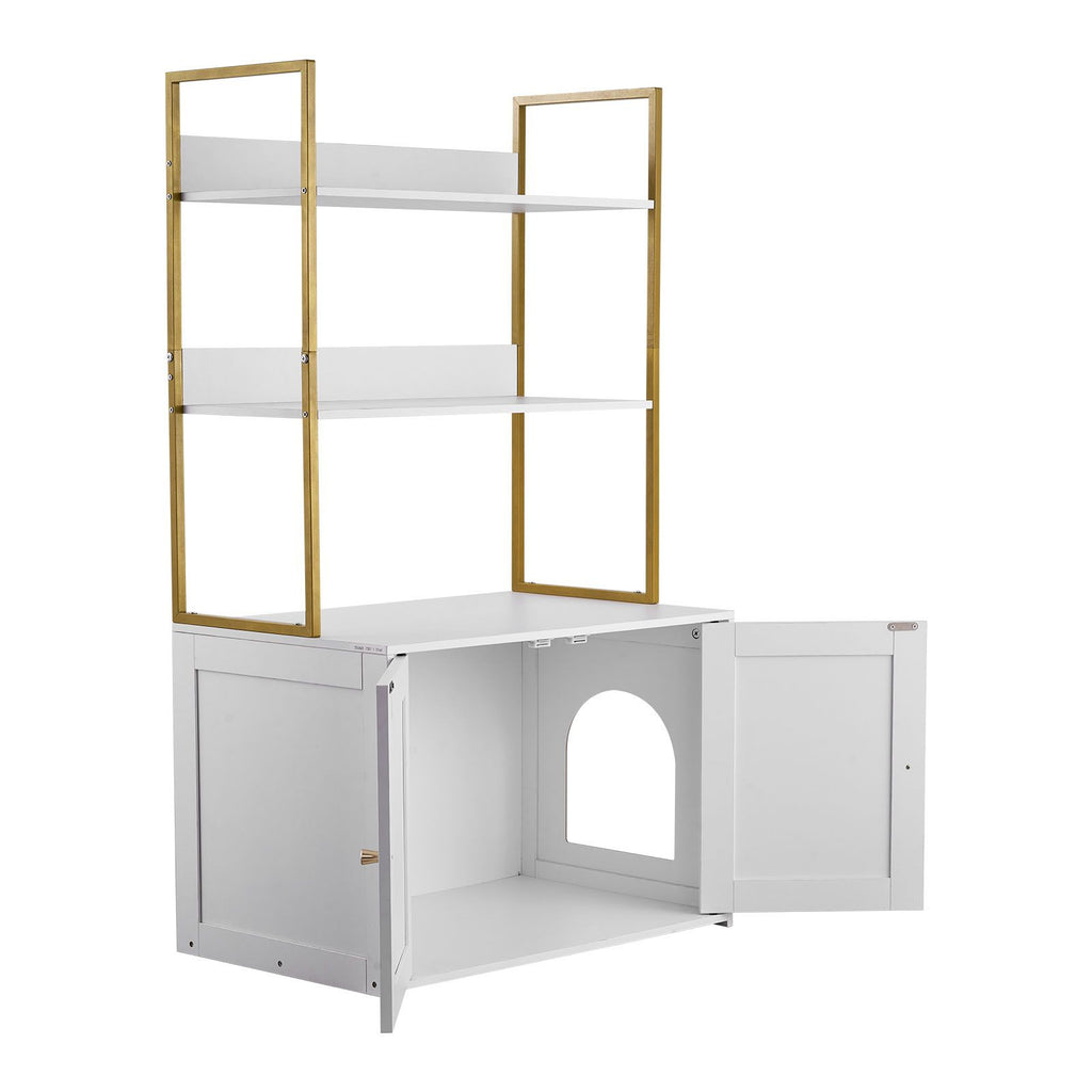 Cat Litter Box Enclosure Furniture, 27.6 in Hidden Litter Box Cabinet with Metal Legs & 2-Tier Storage Shelves, Waterproof Cat Washroom Cat House, Fit Most of Litterbox, for Living Room
