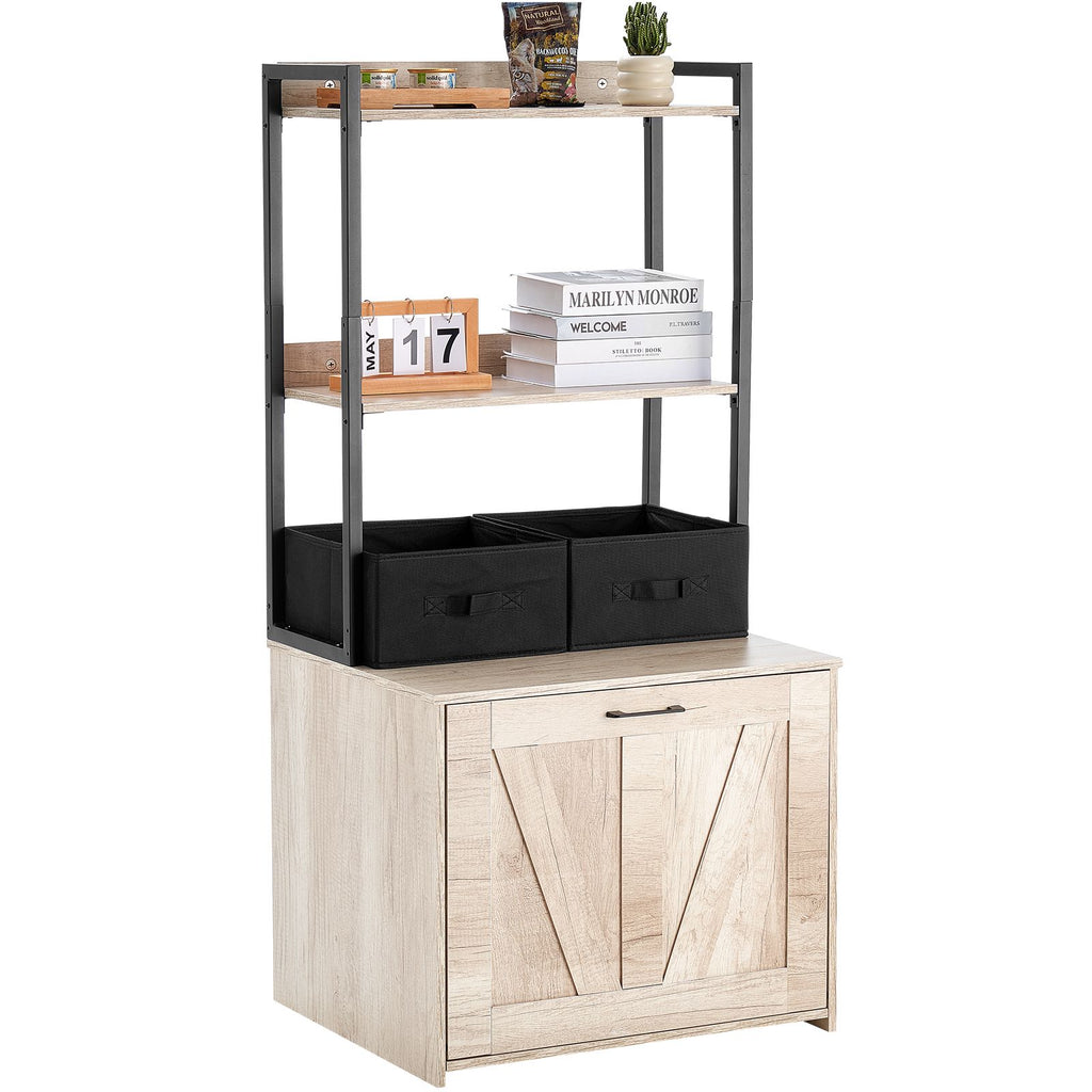 Cat Litter Box Enclosure, Hidden Litter Box Furniture with 2 Storage Shelves & 2 Baskets, Wooden Cat Washroom Indoor, Cat House Cabinet Fit Most of Litter Box, 23.6"L x 19.7"W x 50"H, Natural