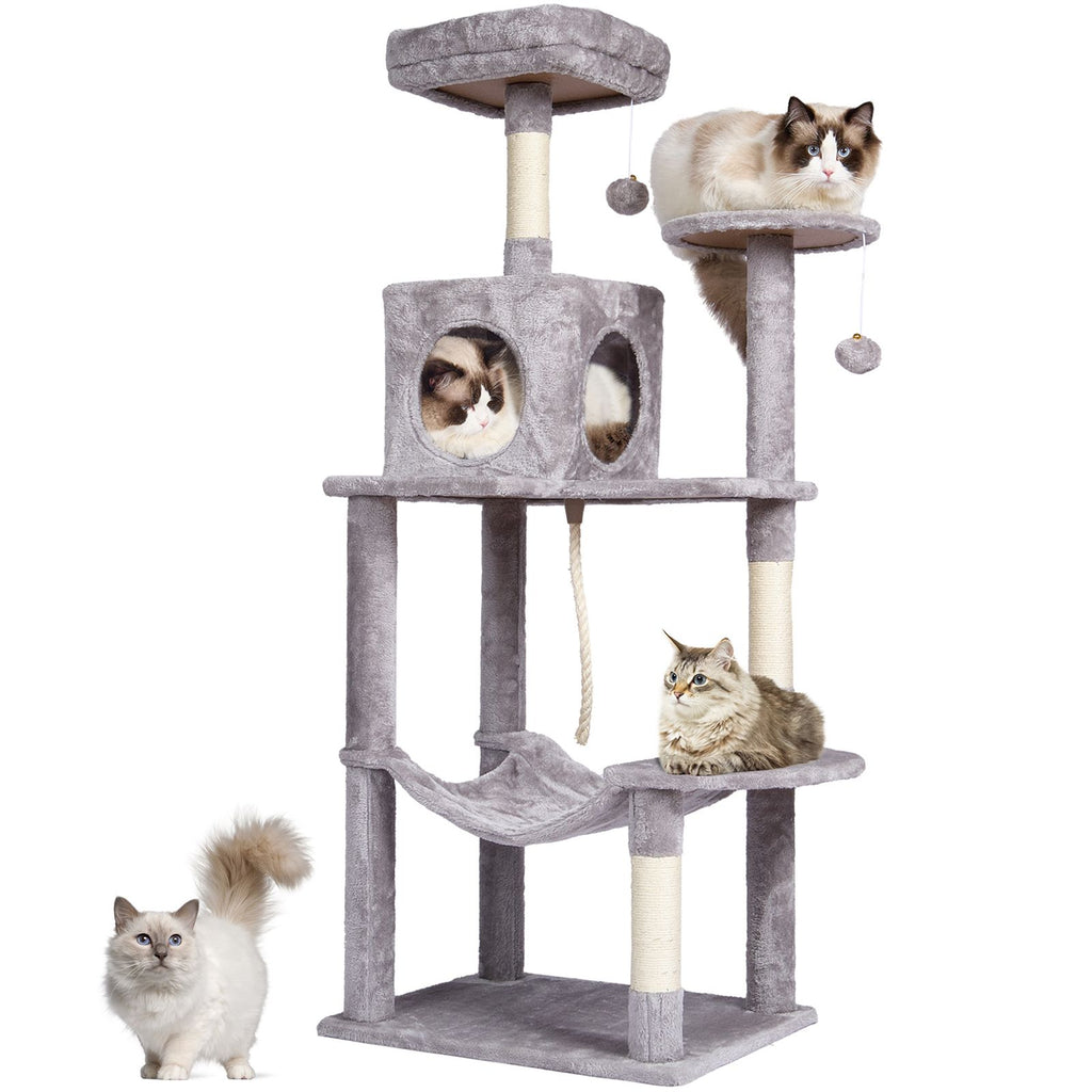 Cat Tree for Indoor Cats, 56.2" Cat Tower with Cat Condo, Sisal Scratching Post, Hammock, Top Perch, Jumping Platforms, Large Cat House with Hang Ball, Cat Furniture Activity Center, Light Grey