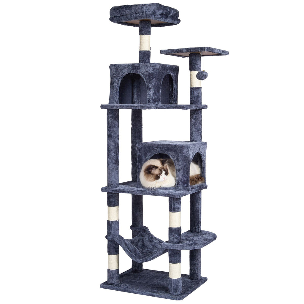Cat Tree for Indoor Cats, 63" Cat Tower with 2 Cat Condos, Sisal Scratching Post, Hammock, Top Perch, Jumping Platforms, Large Cat Furniture Activity Center with Hang Ball, Dark Grey