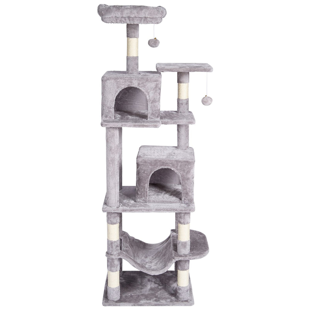 Cat Tree for Indoor Cats, 63" Cat Tower with 2 Cat Condos, Sisal Scratching Post, Hammock, Top Perch, Jumping Platforms, Large Cat Furniture Activity Center with Hang Ball, Light Grey