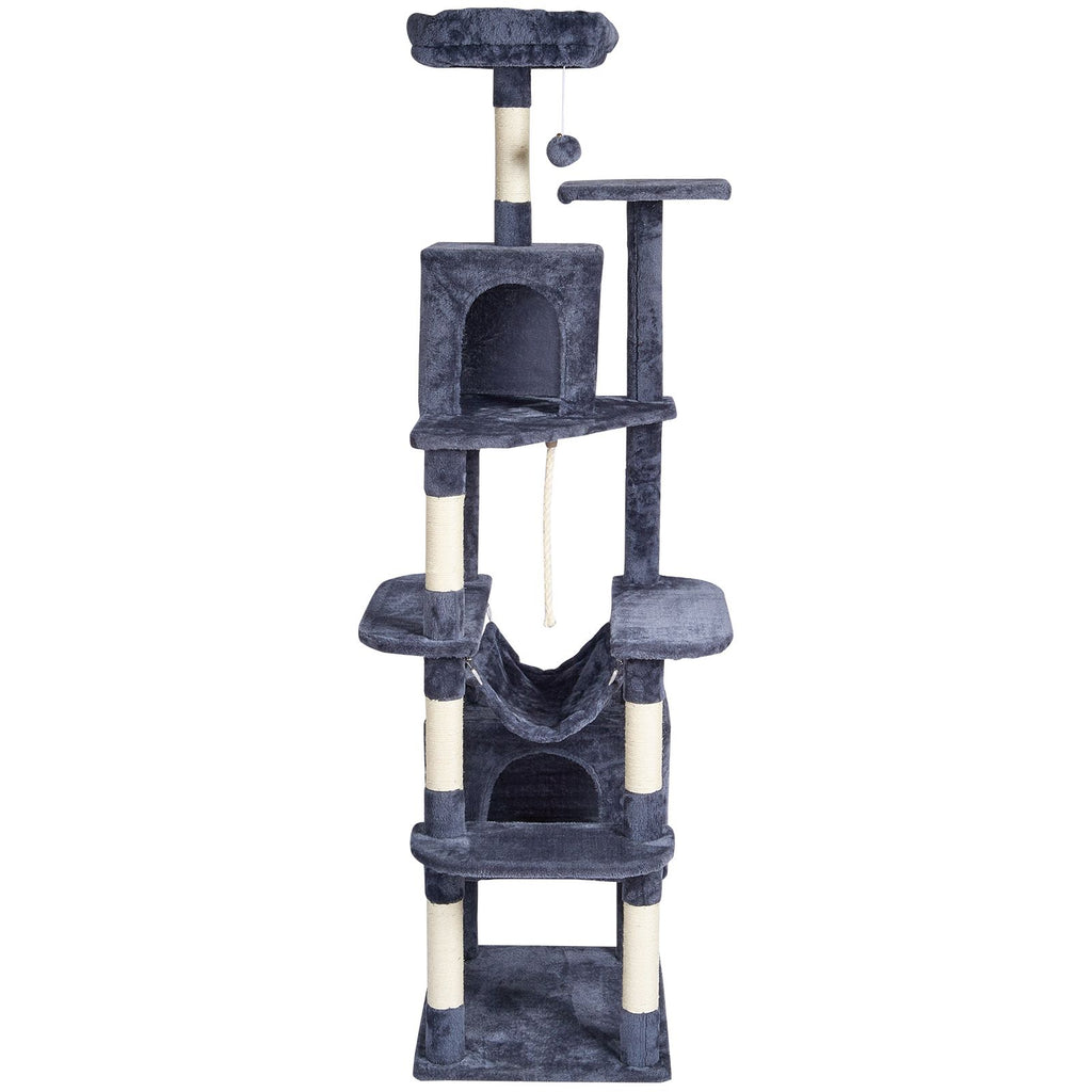 Cat Tree for Indoor Cats, 72" Cat Tower with 2 Cat Condos, Sisal Scratching Post, Hammock, Top Perch, Jumping Platforms, Large Cat Furniture Activity Center with Hang Ball, Dark Grey