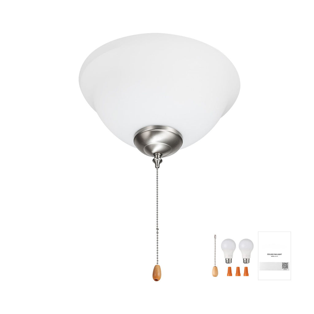 Ceiling Fan Light Kit, 750lm 3000K Bowl Shaped Fan Light Kit with Pull Chain, 2 LED Bulbs, Replacement Fixture for Living Room, Dining Room, Bedroom, Indoor, White Glass Shade Brushed Nickel