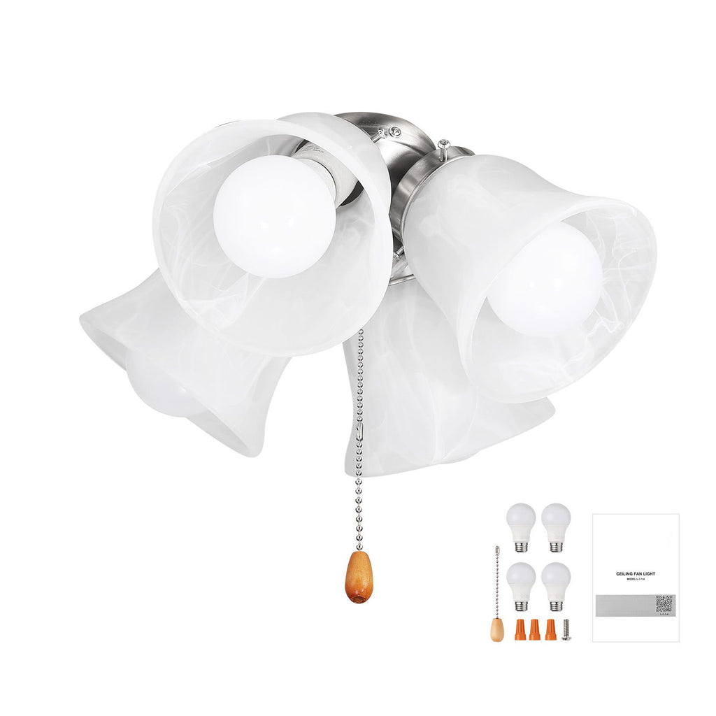 Ceiling Fan Light Kit, Four-Light 3000K 750lm Fan Light Kit with Pull Chain, Replacement Light Fixture for Living Room, Bedroom, Home Decor, Cloud White Glass Shade Brushed Nickel, Floral Shape