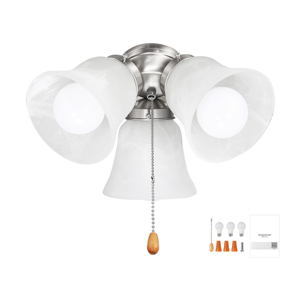 Ceiling Fan Light Kit, Three-Light 3000K 750lm Fan Light Kit with Pull Chain, Replacement Fixture for Living Room, Bedroom, Dining Room, Home Decor, Cloud White Glass & Brushed Nickel Finish