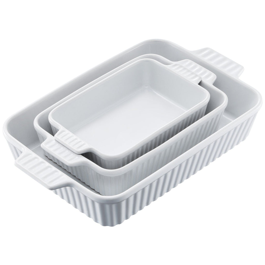 Ceramic Baking Dish 3 Pieces Rectangular Bakeware Set Deep for Baking White