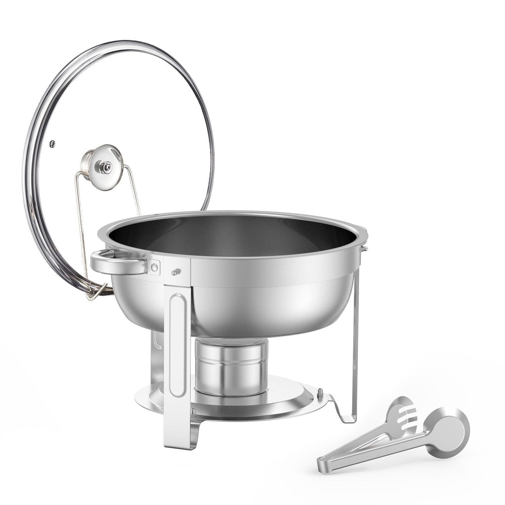 Chafing Dish Buffet Set, 5 Qt 2 Pack, Stainless Steel Chafer with 2 Full Size Pan, Round Catering Warmer Server with Glass Lid Water Pan Folding Stand Fuel Holder, Silver