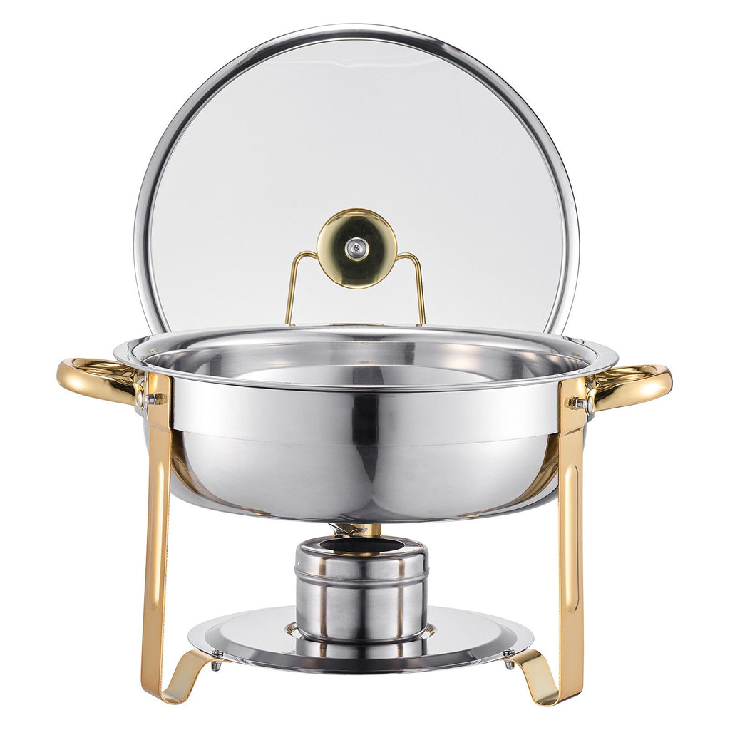 Chafing Dish Buffet Set, 5 Qt 4 Pack, Stainless Steel Chafer with 4 Full Size Pan, Round Catering Warmer Server with Glass Lid Water Pan Folding Stand Fuel Holder, Gold