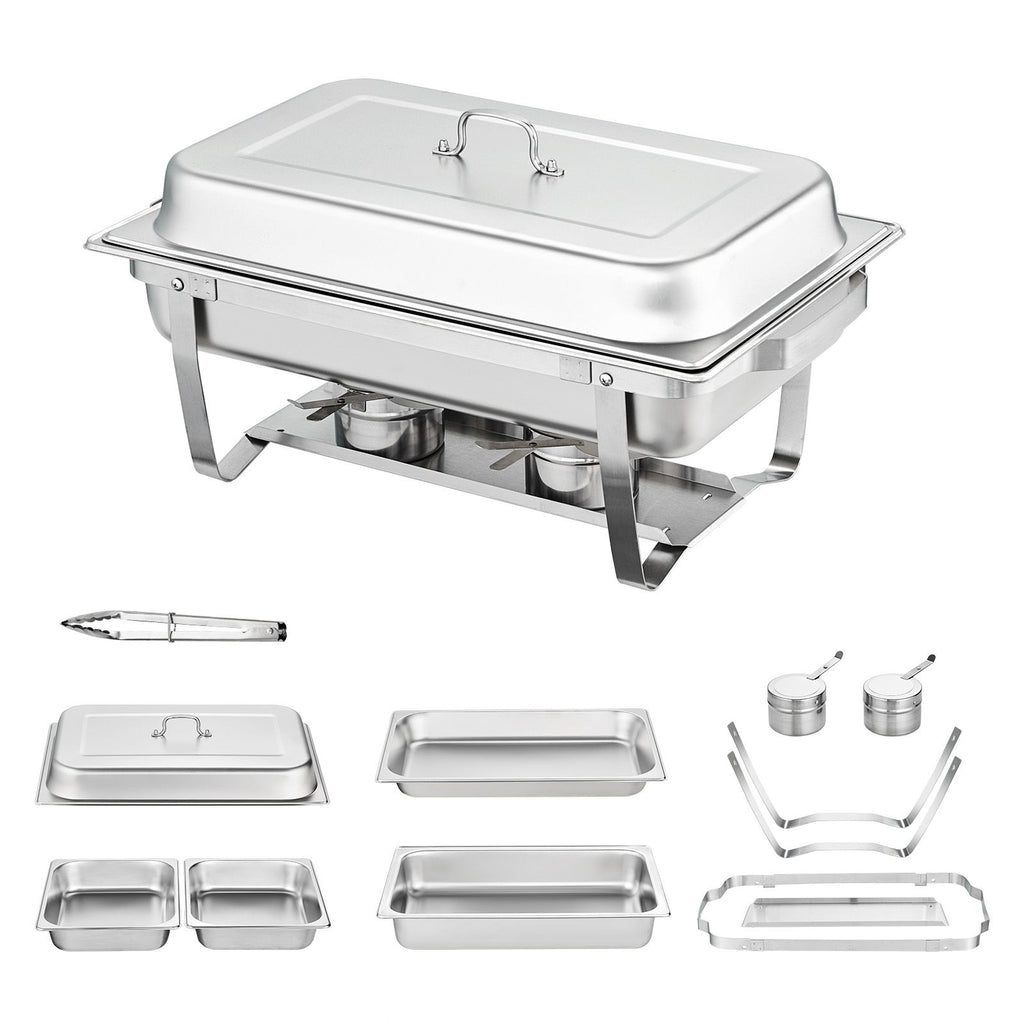 Chafing Dish Buffet Set, 8 Qt 2 Pack, Stainless Chafer with 2 Full & 4 Half Size Pans, Rectangle Catering Warmer Server with Lid Water Pan Folding Stand Fuel Tray Holder Clip, at Least 8 People