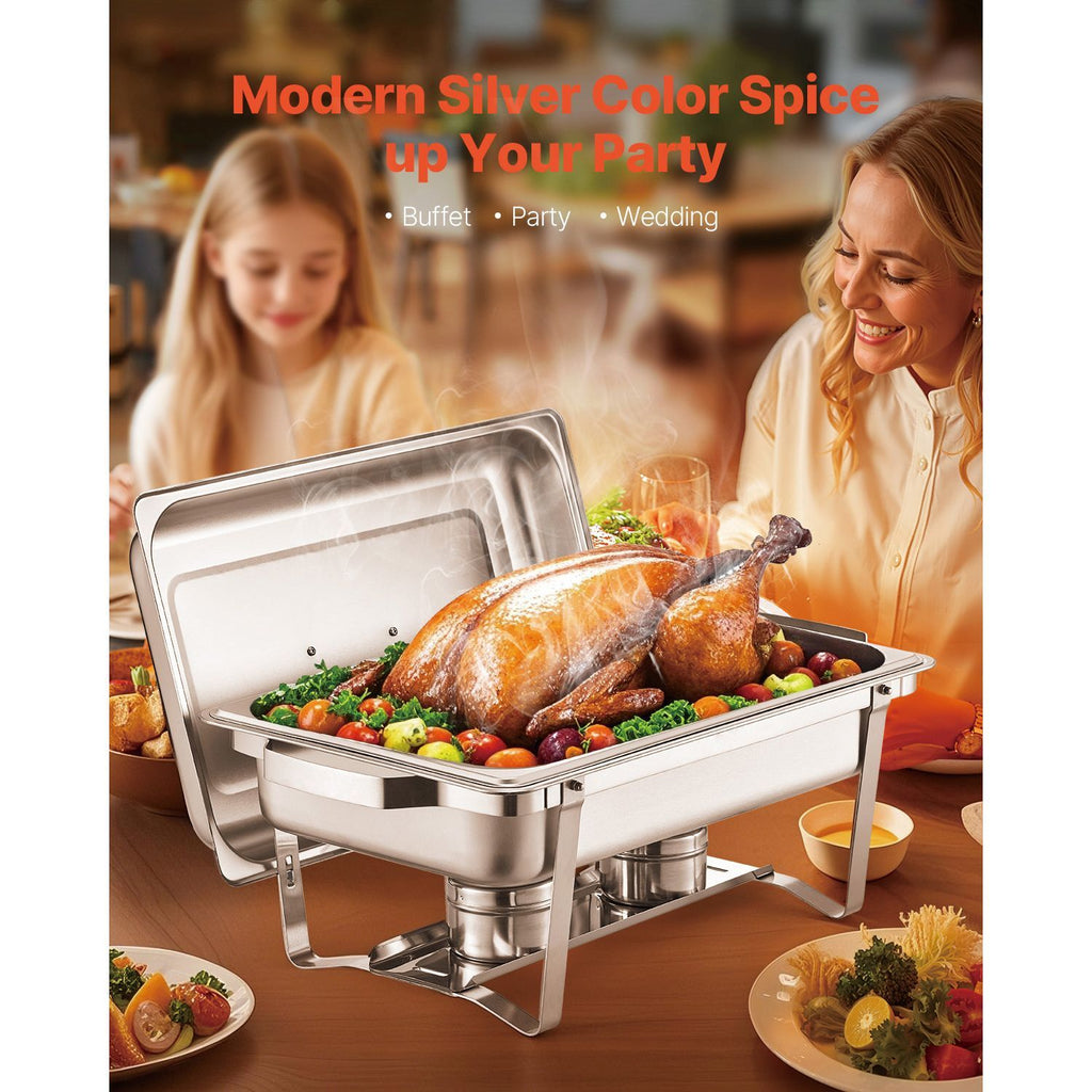 Chafing Dish Buffet Set, 8 Qt 2 Pack, Stainless Steel Chafer with 2 Full Size Pans, Rectangle Catering Warmer Server with Lid Water Pan Stand Fuel Holder, for Weddings Parties Banquets, Silver