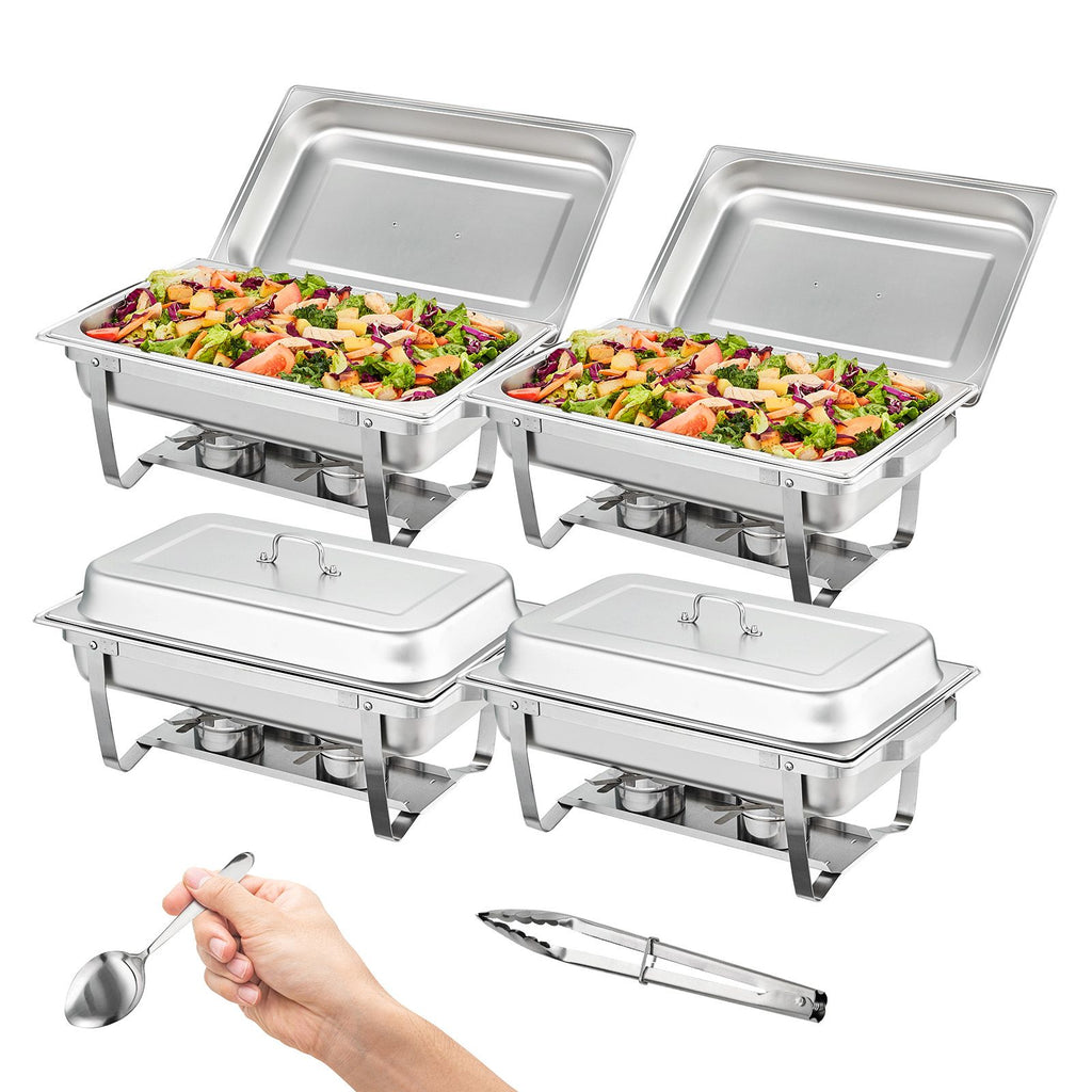 Chafing Dish Buffet Set, 8 Qt 4 Pack, Stainless Chafer with 4 Full Size Pans, Rectangle Catering Warmer Server with Lid Water Pan Folding Stand Fuel Tray Holder Spoon Clip, at Least 8 People Eac