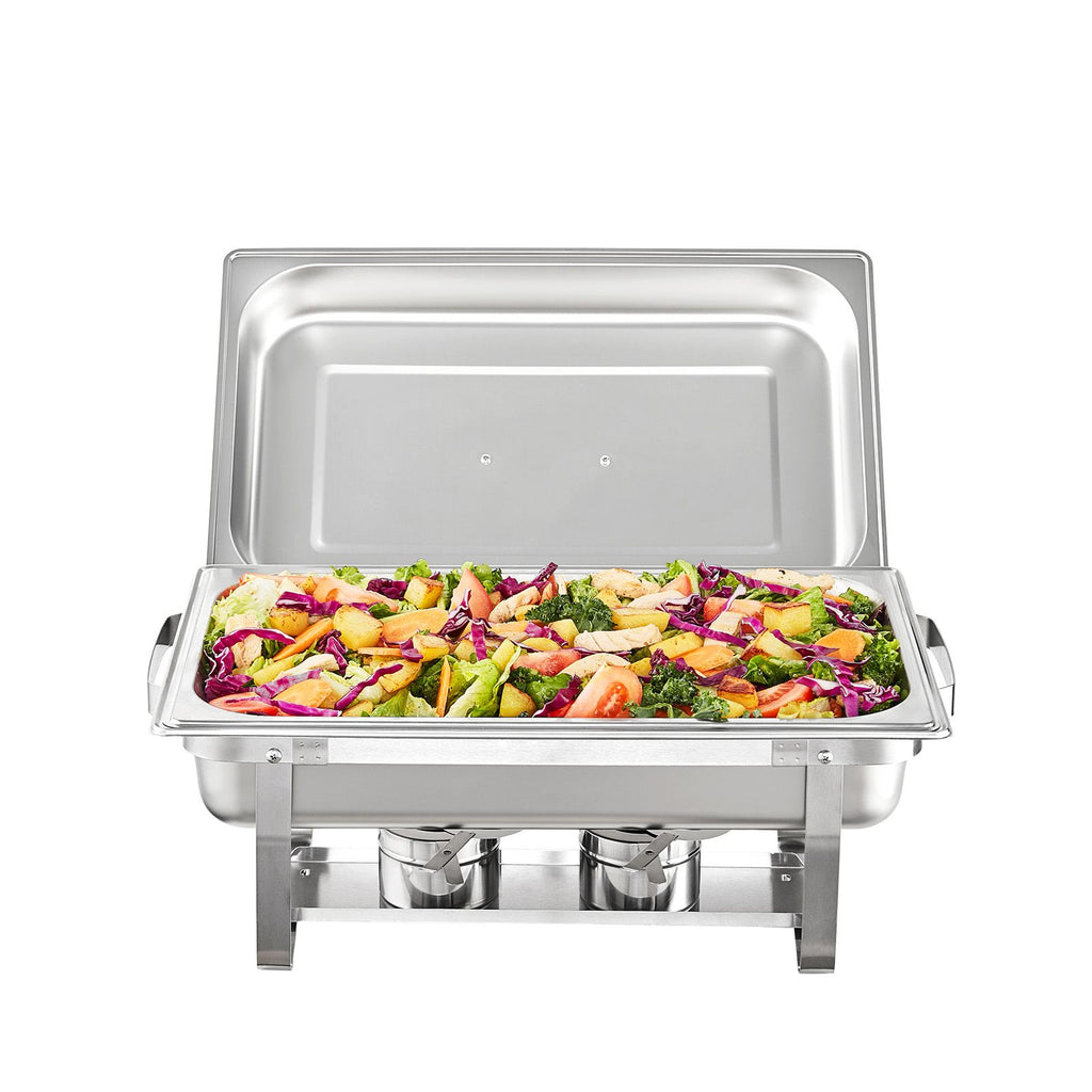 Chafing Dish Buffet Set, 8 Qt 6 Pack, Stainless Chafer with 6 Full Size Pans, Rectangle Catering Warmer Server with Lid Water Pan Folding Stand Fuel Holder Tray Spoon Clip, at Least 8 People Eac