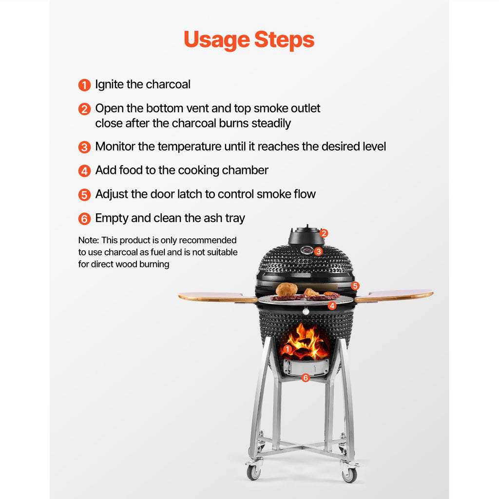 Charcoal Smoker and Grill, 18" Kamado Charcoal BBQ Smoker, Movable Ceramic Barbecue Grill with 4 Wheels (2 Lockable), Built-in Thermometer, Air Vents & Side Shelf for Outdoor Patio Yard Cooking