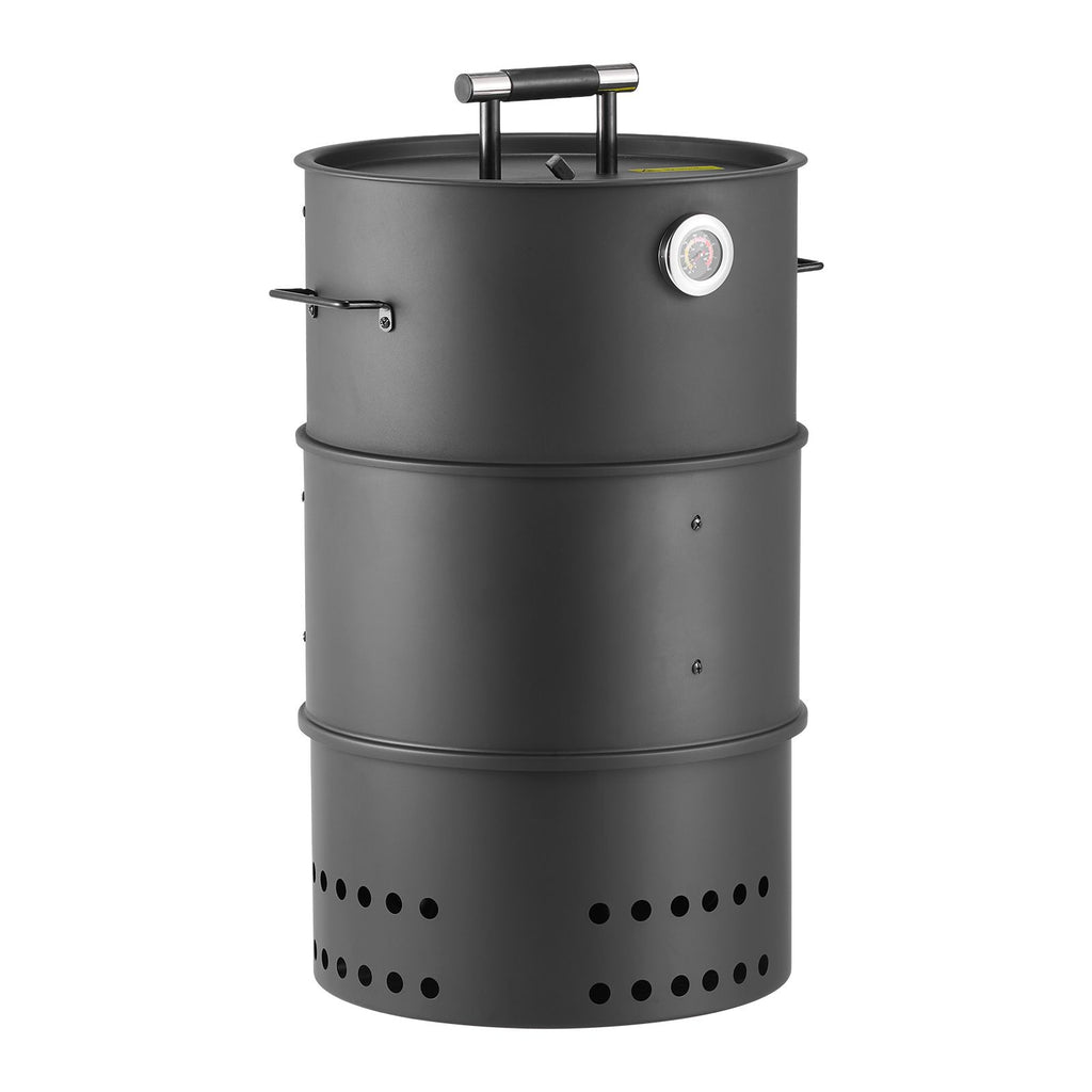 Charcoal Smoker Grill, 18.5" Barrel Charcoal BBQ Smoker, Coated Steel Outdoor Barbecue Grill with 2 Grilling Grates, 1 Hanging Rod, 6 Hooks & Thermometer, Ideal for Party Backyard Patio Cooking