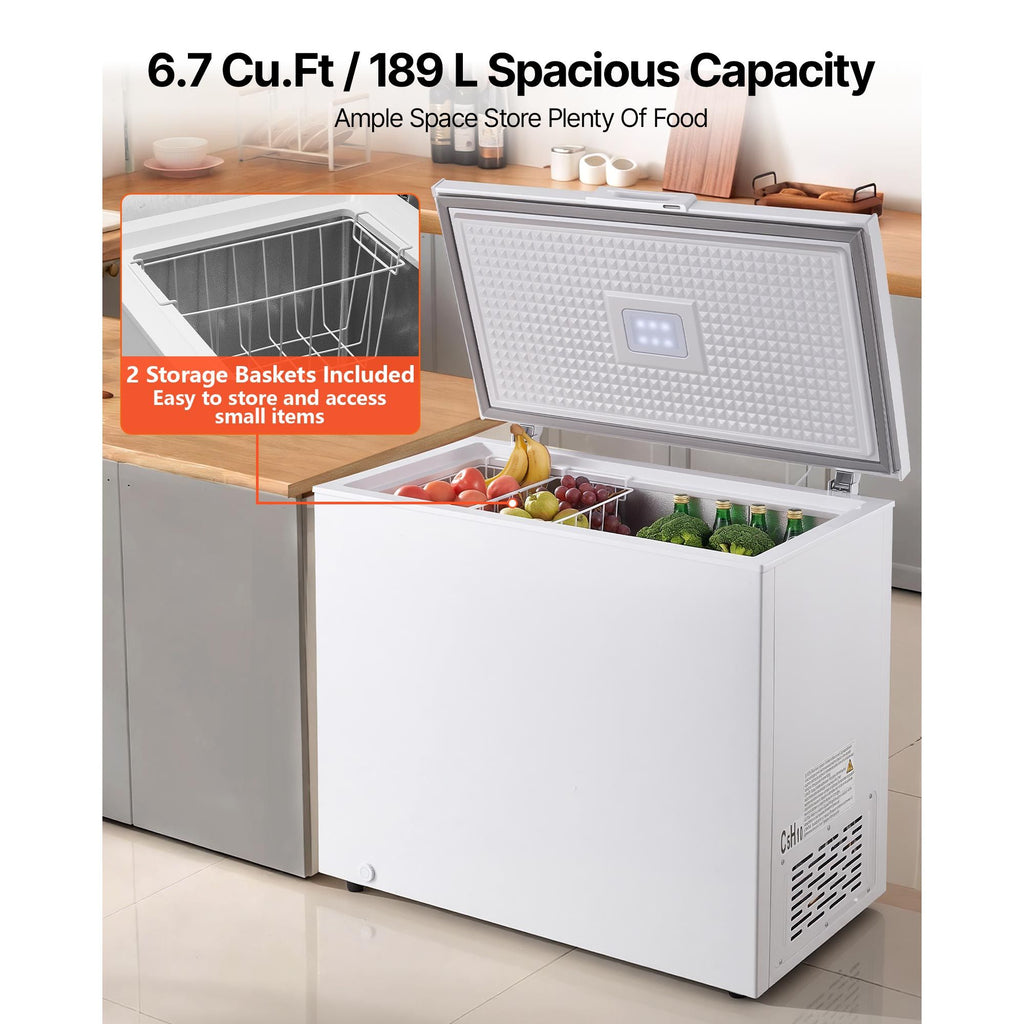 Chest Freezer, 6.7 Cu.ft Compact Deep Freezer, Free Standing Top Open Door Chest Freezers with 2 Removable Baskets & Adjustable Thermostat - Energy Saving, Low Noise & Garage Ready, White