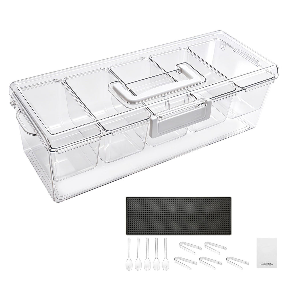 Chilled Condiment Server Caddy, 5 Compartment Ice Cooled Serving Container, Plastic Fruit Garnish Tray Platter with Lid, for Taco Salad Bar Accessories, Party Home Restaurant Supplies