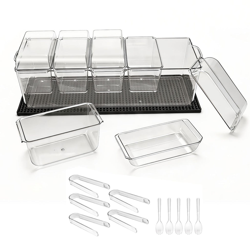 Chilled Condiment Server Caddy, 5 Compartment Ice Cooled Serving Container, Plastic Fruit Garnish Tray Platter with Separate Lid, for Taco Salad Bar Accessories, Party Home Restaurant Supplies