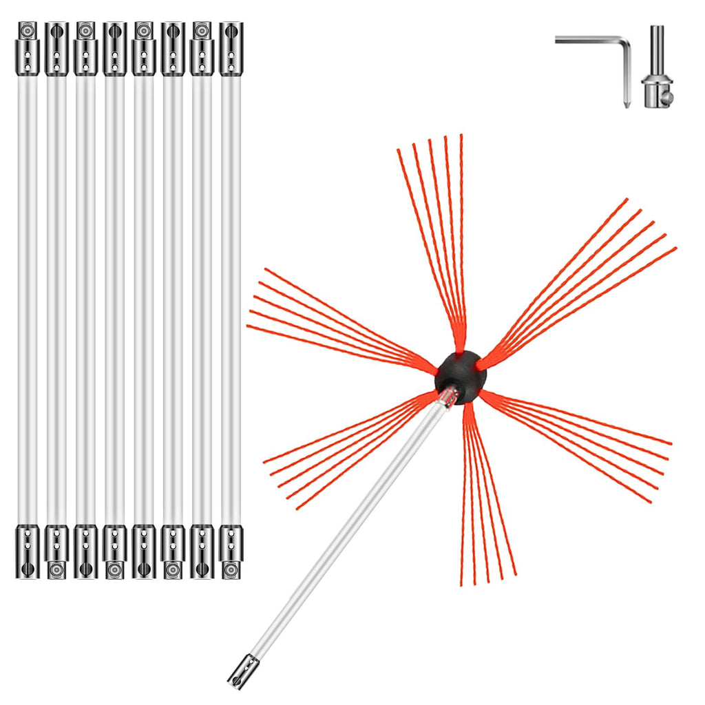 Chimney Sweep Kit 30FT Length, Chimney Brush Kit with 9 Nylon Flexible Rods, Rotary Chimney Cleaning Kit Driven by Drill, Chimney Cleaning Tool Kits for Sweeping Fireplace Flue