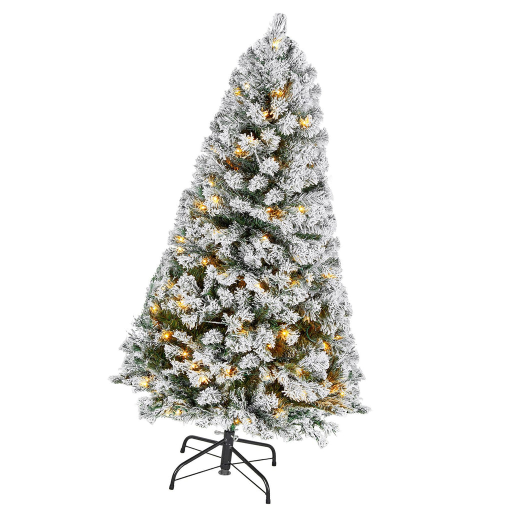 Christmas Tree, 4ft Prelit Flocked Artificial Tree, Full Holiday Xmas Deco Trees with 120 Warm White LED Lights, 8 Lighting Modes & 539 Branch Tips for Home Party Office Decoration