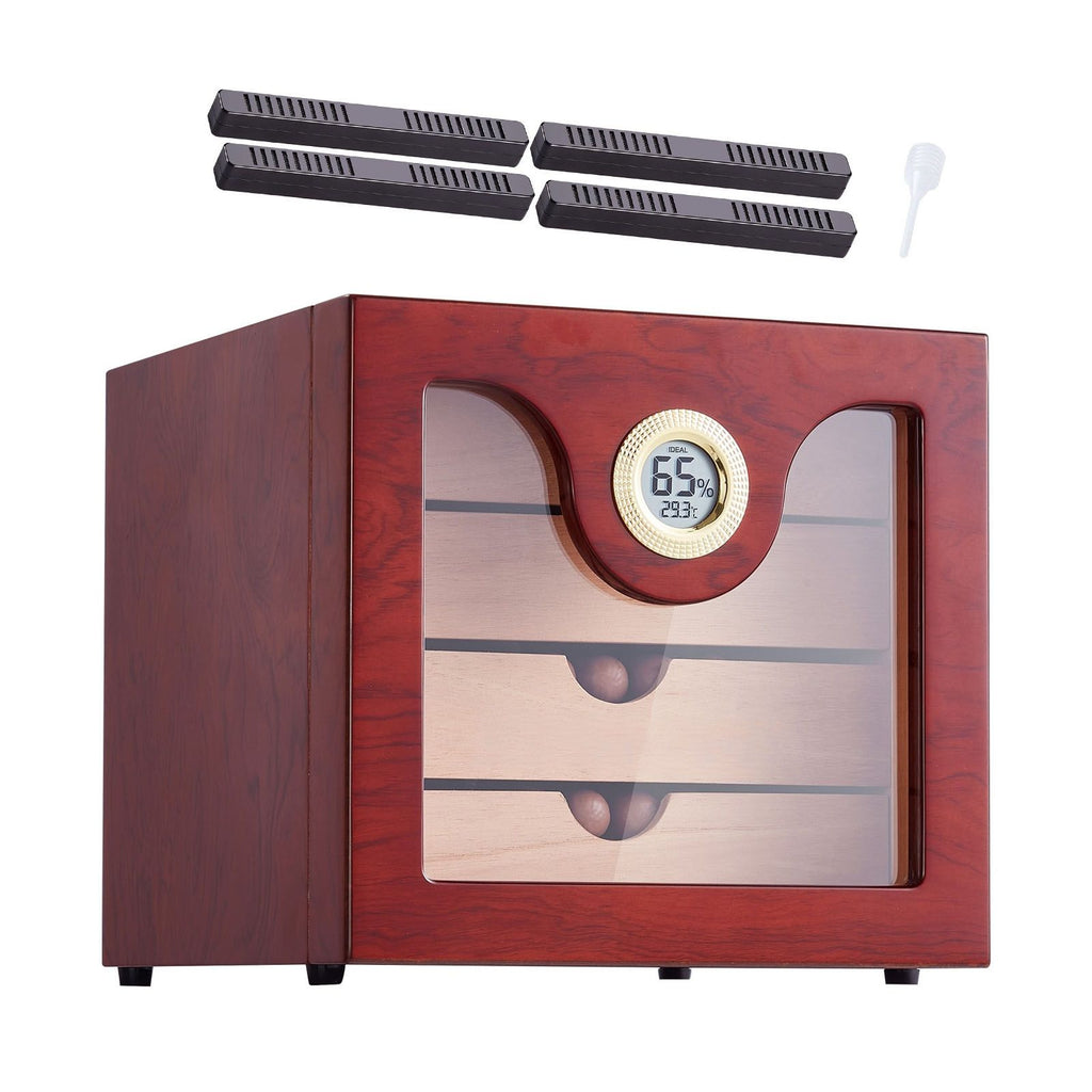 Cigar Humidor Cabinet, Handmade Spanish Cedar Wood Cigar Humidor for 50-100 Cigars, Glass Cigar Desktop Storage Case with Digital Humidifier, Hygrometer and Shelves, Great Gift for Men