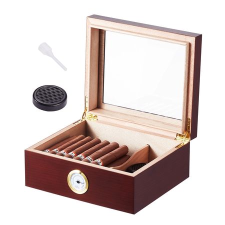 Cigar Humidor, Glass Top Cigar Humidor Box, Handmade Spanish Cedar Wood Cigar Desktop Box, Cigar Storage Case with Humidifier, Hygrometer and Divider, 30-50 Cigars, Great Gift for Men