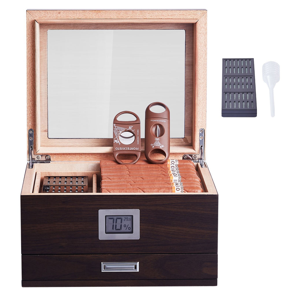 Cigar Humidor, Glass Top Cigar Humidor Box, Handmade Spanish Cedar Wood Cigar Desktop Box, Cigar Storage Case with Humidifier, Hygrometer, Divider and Accessory Drawer, 30-50 Cigars