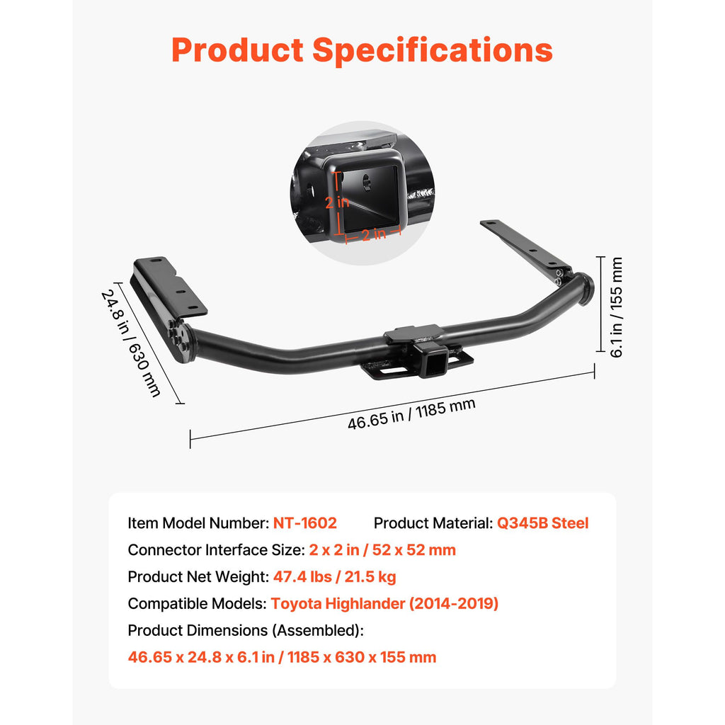 Class 3 Trailer Hitch, 2-Inch Receiver, Compatible with 2014-2019 Toyota Highlander, Q345B Steel Tube Frame, Multi-Fit Hitch to Receive Ball Mount, Cargo Carrier, Bike Rack, and Tow Hook, Black image 2