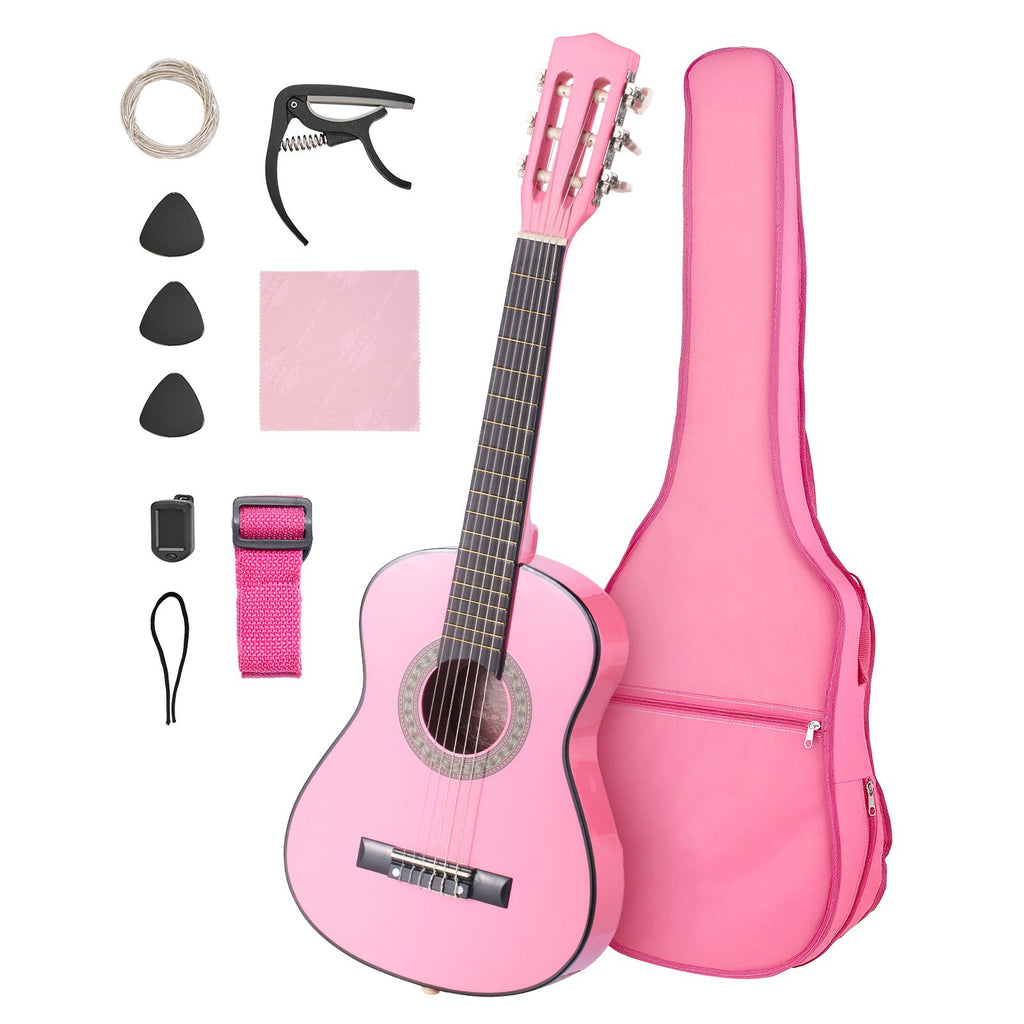 Classical Guitar, 30 Inch, Wood Classical Guitar Starter Kit for Beginners, with Nylon Strings, Gig Bag, Strap, Tuner, Extra Strings, Picks, Capo, Basswood, for Kids Girls Boys Students, Pink