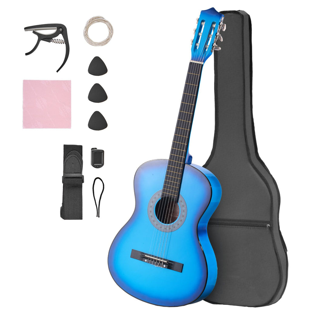 Classical Guitar, 38 Inch, Wood Classical Guitar Starter Kit for Beginners, with Nylon Strings, Gig Bag, Strap, Tuner, Extra Strings, Picks, Capo, Basswood, for Teenagers Adults Students, Blue