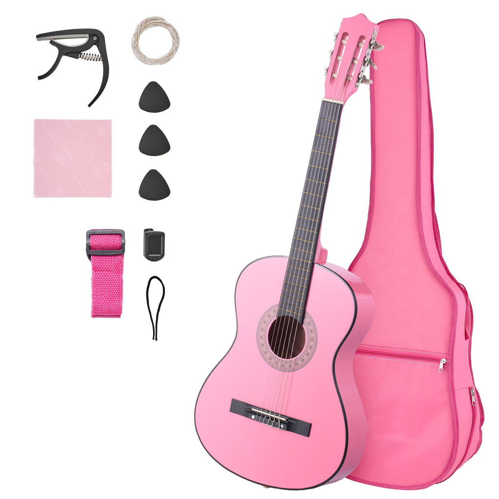 Classical Guitar, 38 Inch, Wood Classical Guitar Starter Kit for Beginners, with Nylon Strings, Gig Bag, Strap, Tuner, Extra Strings, Picks, Capo, Basswood, for Teenagers Adults Students, Pink