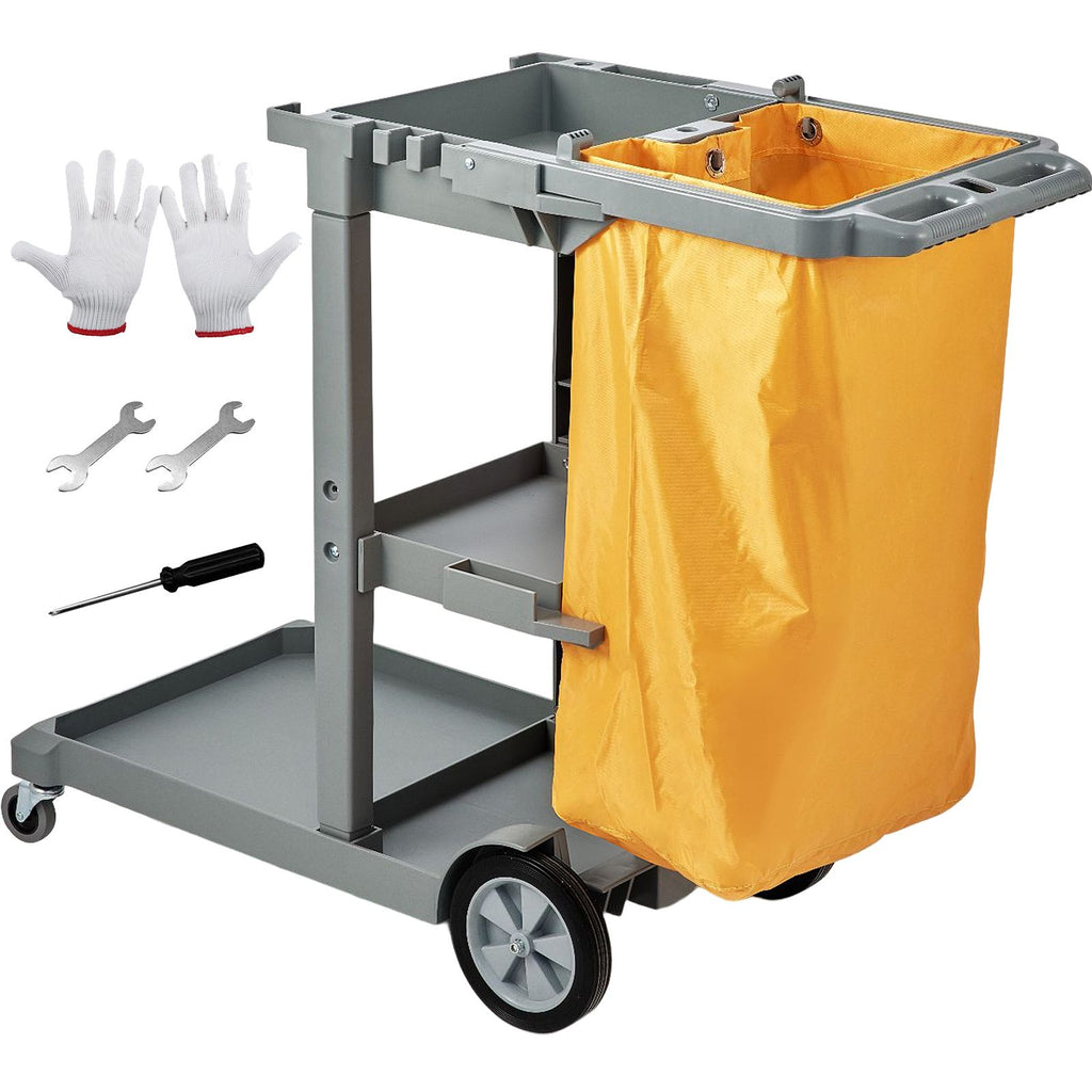 Cleaning Cart, 3-Shelf Commercial Janitorial Cart, 200 lbs Capacity Plastic Housekeeping Cart, with 25 Gallon PVC Bag, 47" x 20" x 38.6", Yellow+Grey