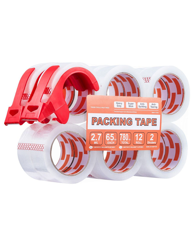 Clear Packing Tape, 3 inches Core, 12 Rolls 1.88 Inches x 65 Yards Packing Tape with Dispenser, 2.7 Mil Heavy Duty Packaging Tape Designed for Moving, Storage and Packing, Shipping and Mailing