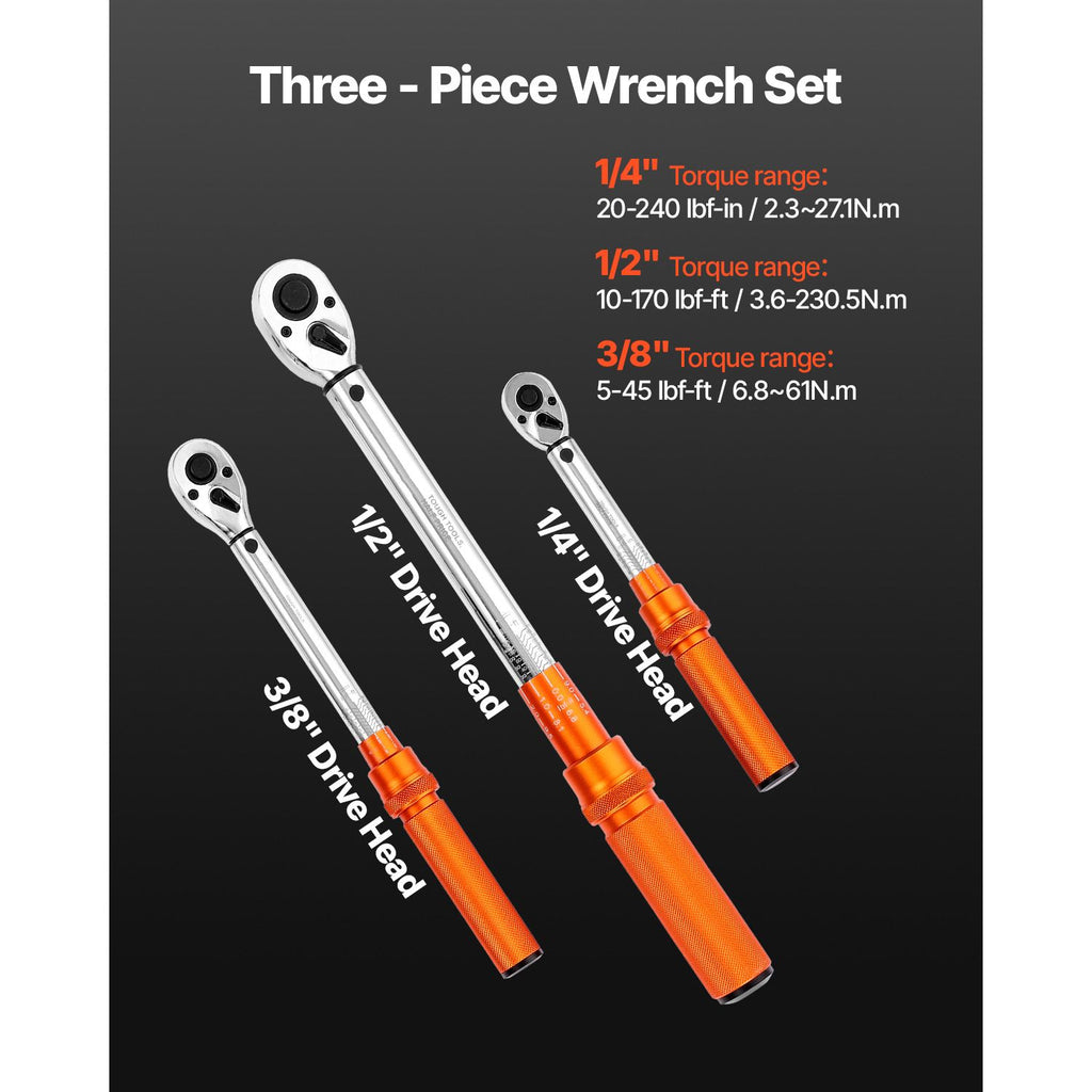Click Torque Wrench Set, 3 Pieces, 1/4, 3/8, 1/2 Inch Drive, 10-170 lbf-ft, 5-45 lbf-ft, 20-240 lbf-in, Dual-direction and Dual Range Scales, 72-Tooth, ±3% High Precision, for Bicycle Repair image 2