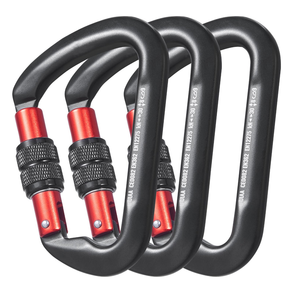 Climbing Carabiner Clips, 3 PCS Heavy Duty Caribiner, Professional 30 KN / 6744 lbs Spindle Strength, Large D-Shaped for Hiking,Rappelling,Rescue,Dog Leash,Hammocks, Swings
