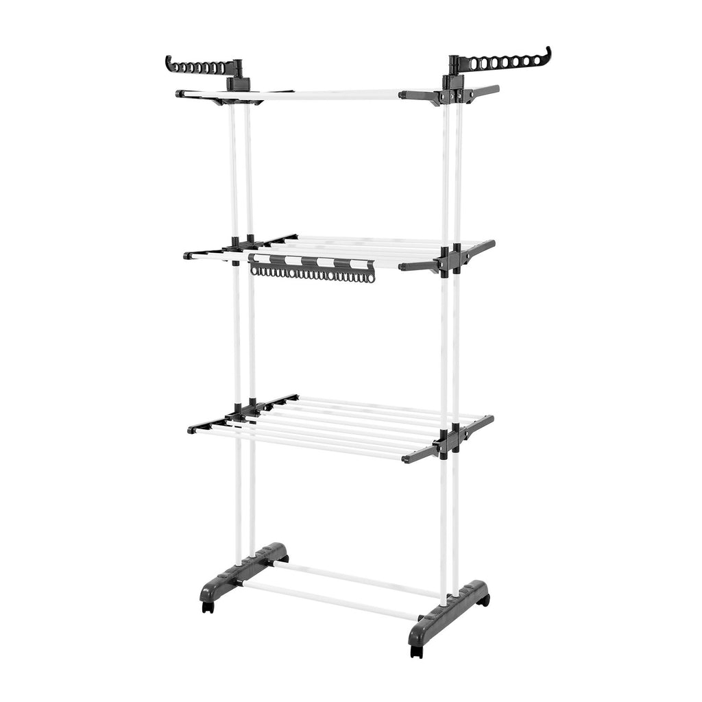 Clothes Drying Rack, 4-Tier Foldable Laundry Dryer Rack, Metal Drying Racks with 24 Drying Rods, Free-Standing and Portable Hanger with 4 Castors and Two Side Wings for Outdoor & Indoor Use