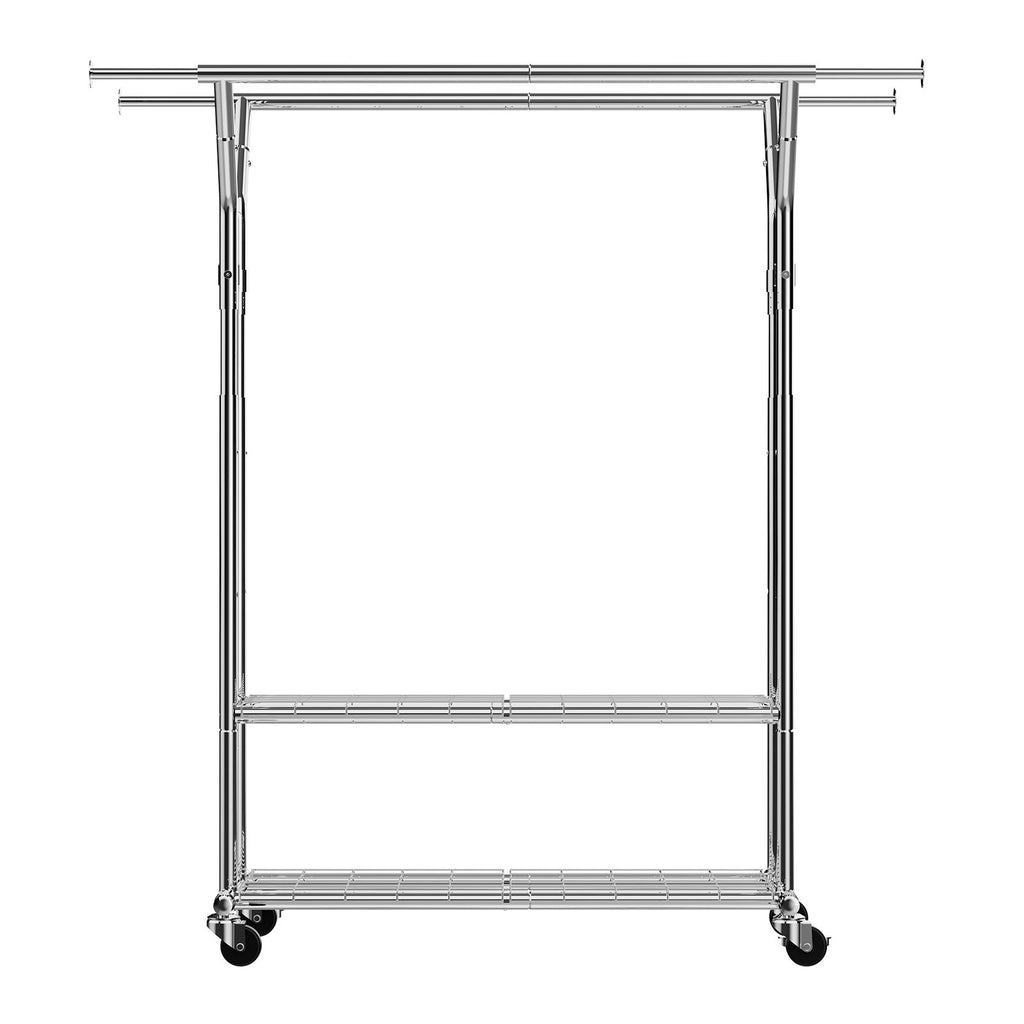 Clothes Rack, Rolling Clothing Garment Rack with 2 Hanging Rods and 2 Storage Shelves, 264 lbs Load Capacity, Adjustable Height Carbon Steel Clothing Racks for Bedroom, Laundry, Living Room