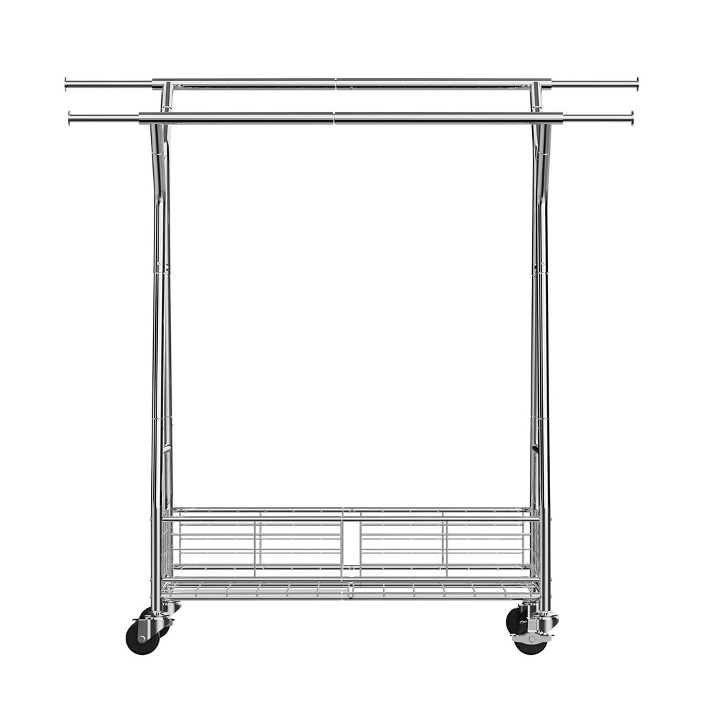 Clothes Rack, Rolling Clothing Garment Rack with 2 Hanging Rods and Storage Basket, 330 lbs Load Capacity, Extendable Carbon Steel Clothing Racks with Wheels for Bedroom, Laundry, Living Room