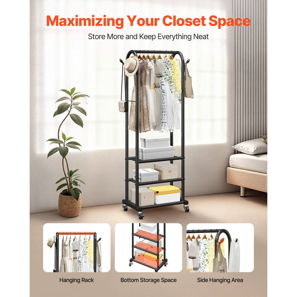 Clothes Rack, Rolling Clothing Garment Rack with Hanging Rod and Side Hooks, 3 Storage Shelves, 99 lbs Load Capacity, Heavy Duty Carbon Steel Clothing Racks for Bedroom, Laundry, Living Room