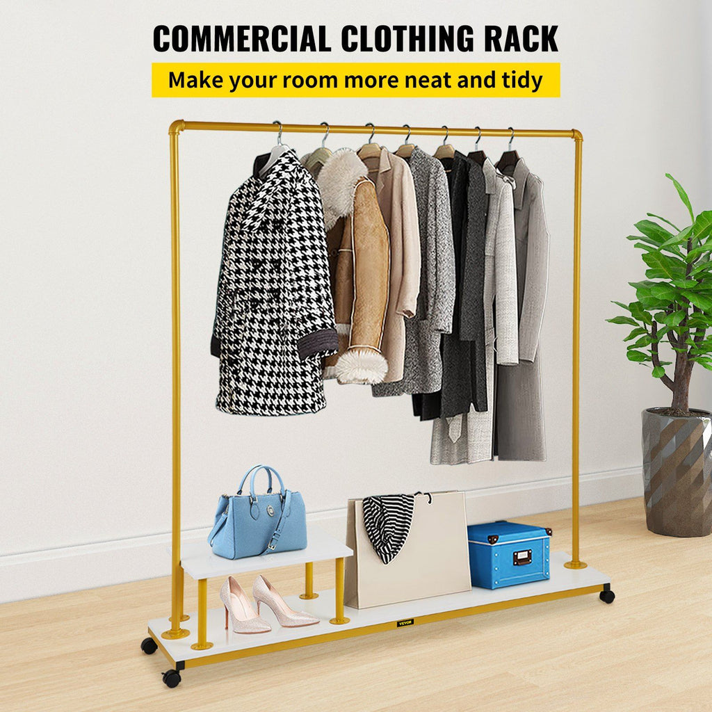 Clothing Garment Rack, 59.1\"x14.2\"x63.0\", Heavy-Duty Clothes Rack with Bottom Shelf & Side Shelf, 4 Swivel Casters, Sturdy Steel Frame, Rolling Clothes Organizer for Retail Store Boutique, Go image 2