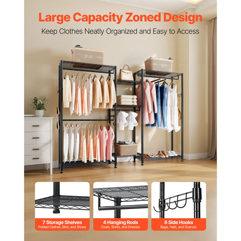 Clothing Garment Rack, Heavy Duty Closet Wardrobe, 7 Adjustable Tiers Clothes Racks with Steel Frame, 850 lbs Load Capacity Clothes Rack with 4 Hanging Rods for Bedroom, Clothing Store, Hallway image 2
