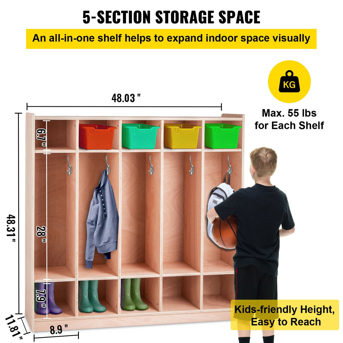 Coat Locker, 5-Section Daycare Cubby Coat Rack 48×13×48 inch, Class ...