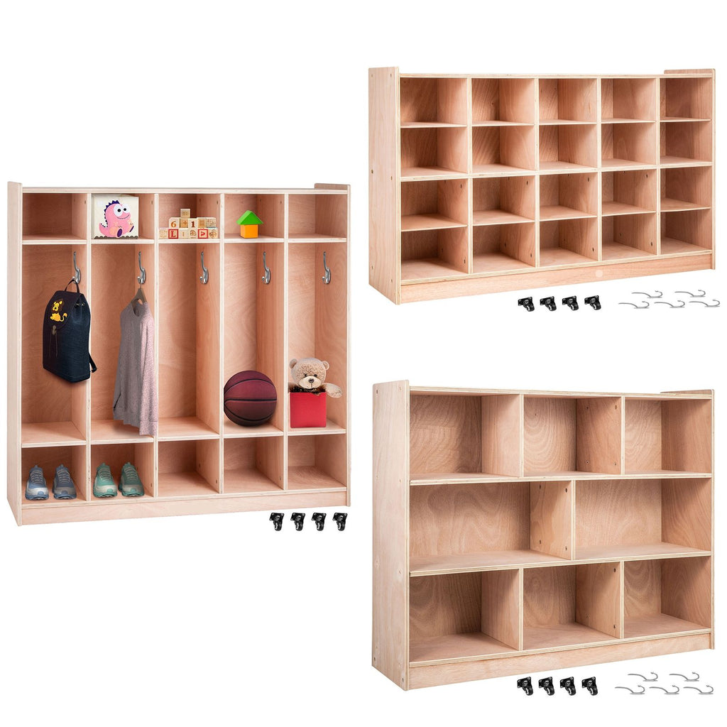 Coat Locker, 5-Section Daycare Cubby Coat Rack 48x12x48 inch, Classroom Coat Locker and Backpack Hanger, with 5 Hooks and Storage Boxes, for Kindergarten & School, Natural