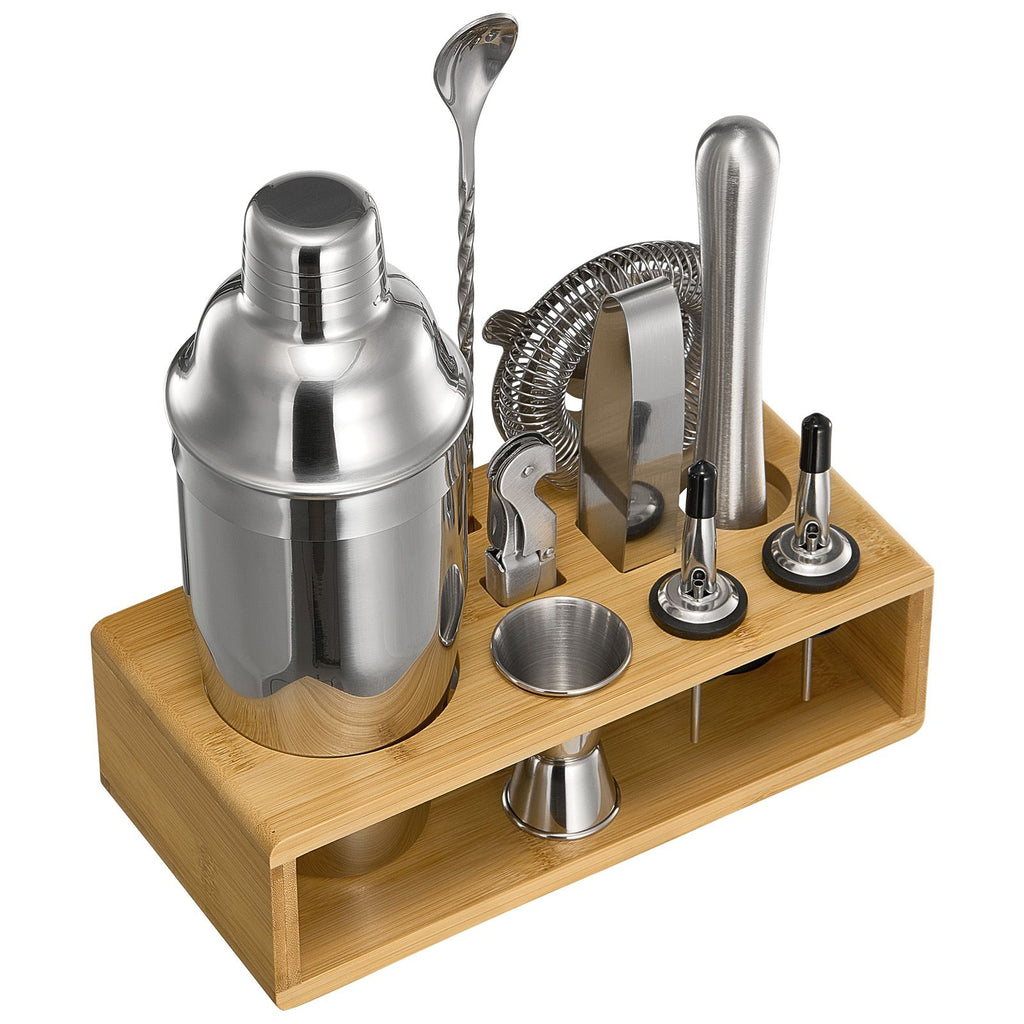 Cocktail Shaker Set, 10-Piece Stainless Steel Bar Tools with Bamboo Stand, Martini Bartender Kit Accessories | Mixer Spoon, Muddler, Jigger, Strainer, Liquor Pourers, Ice Tong, Corkscrew, Silver