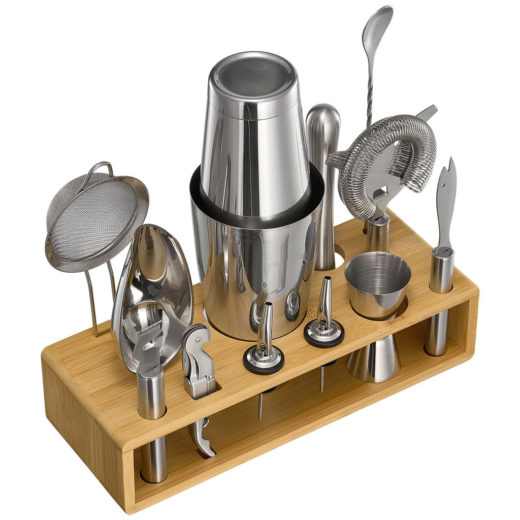 Cocktail Shaker Set, 13-Piece Stainless Steel Bar Tools with Bamboo Stand, Boston Bartender Kit Accessories | Mixer Spoon, Muddler, Jigger, Strainer, Liquor Pourers, Ice Scoop, Lemon Zester