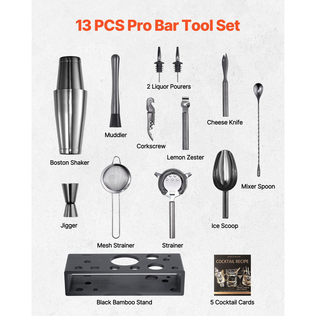 Cocktail Shaker Set, 13-Piece Stainless Steel Bar Tools with Bamboo Stand, Boston Bartender Kit | Mixer Spoon, Muddler, Jigger, Strainer, Liquor Pourers, Ice Scoop, Lemon Zester, Gunmetal image 2