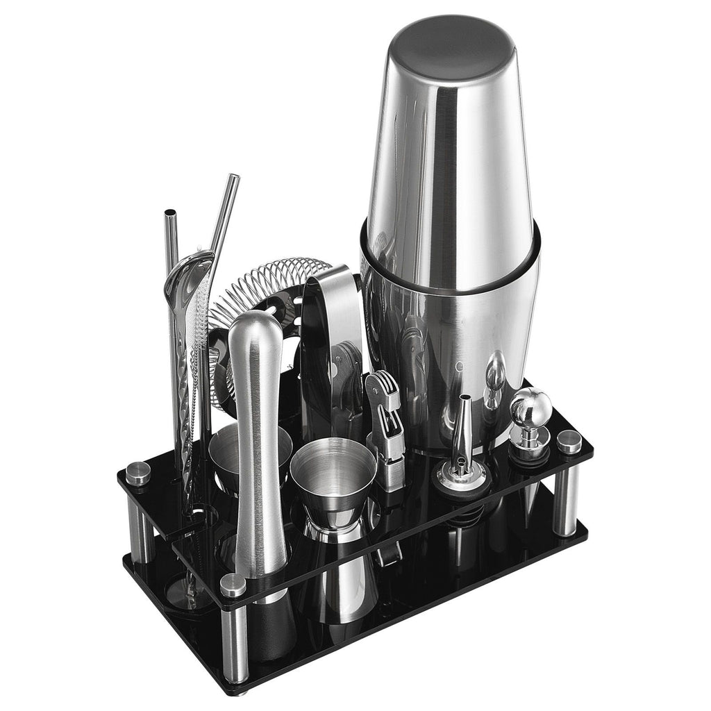 Cocktail Shaker Set, 14-Piece Stainless Steel Bar Tools with Acrylic Stand, Boston Bartender Kit Accessories | Mixer Spoon, Muddler, Jiggers, Strainer, Liquor Pourer, Ice Tong, Corkscrew, Silver