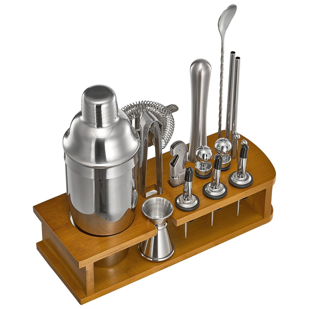 Cocktail Shaker Set, 18-Piece Stainless Steel Bar Tools with Bamboo Stand, Martini Bartender Kit Accessories | Mixer Spoon, Muddler, Jigger, Strainer, Liquor Pourers, Ice Tong, Corkscrew, Silver